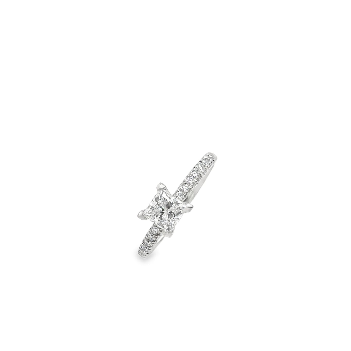 LAB GROWN: Platinum princess cut diamond solitaire with micro-set brilliant cut diamond shoulders - LG 0.80ct DVS1 / ND 0.19ct GVS.