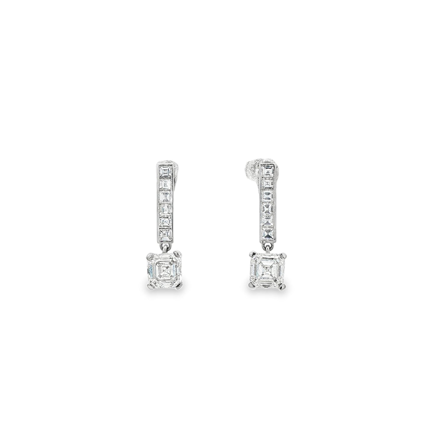 LAB GROWN: Handmade Platinum Carre Cut Diamond drop Earrings Mounts & Lab Grown Ascher cut diamonds to drop. LG1.10ct