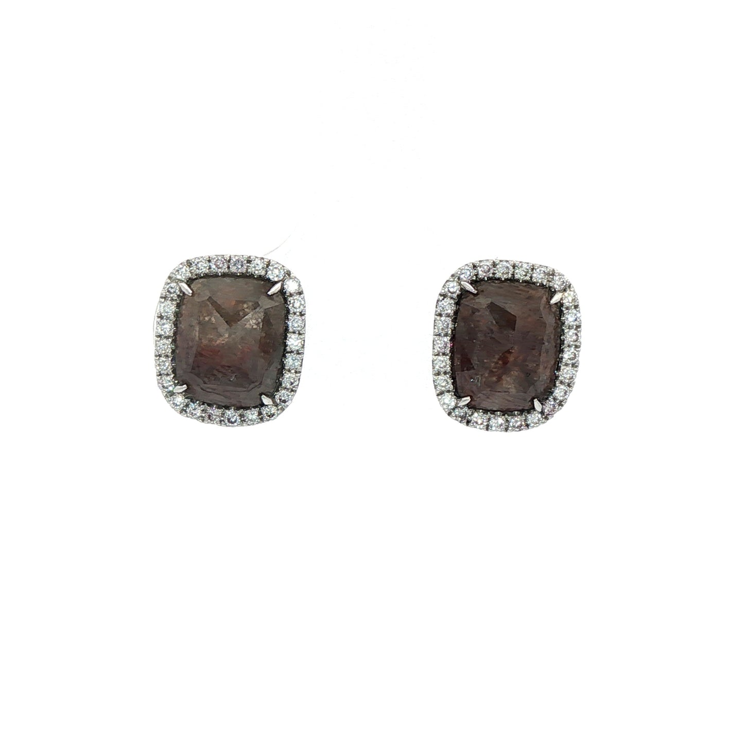 18ct White Gold Chocolate Rough Faceted Diamond Slice With Halo Surround Studs - D:2.62ct