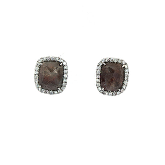 18ct White Gold Chocolate Rough Faceted Diamond Slice With Halo Surround Studs - D:2.62ct