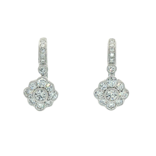 18ct White Gold Millegrain Set Floral Diamond Drop Earrings - D:0.82ct