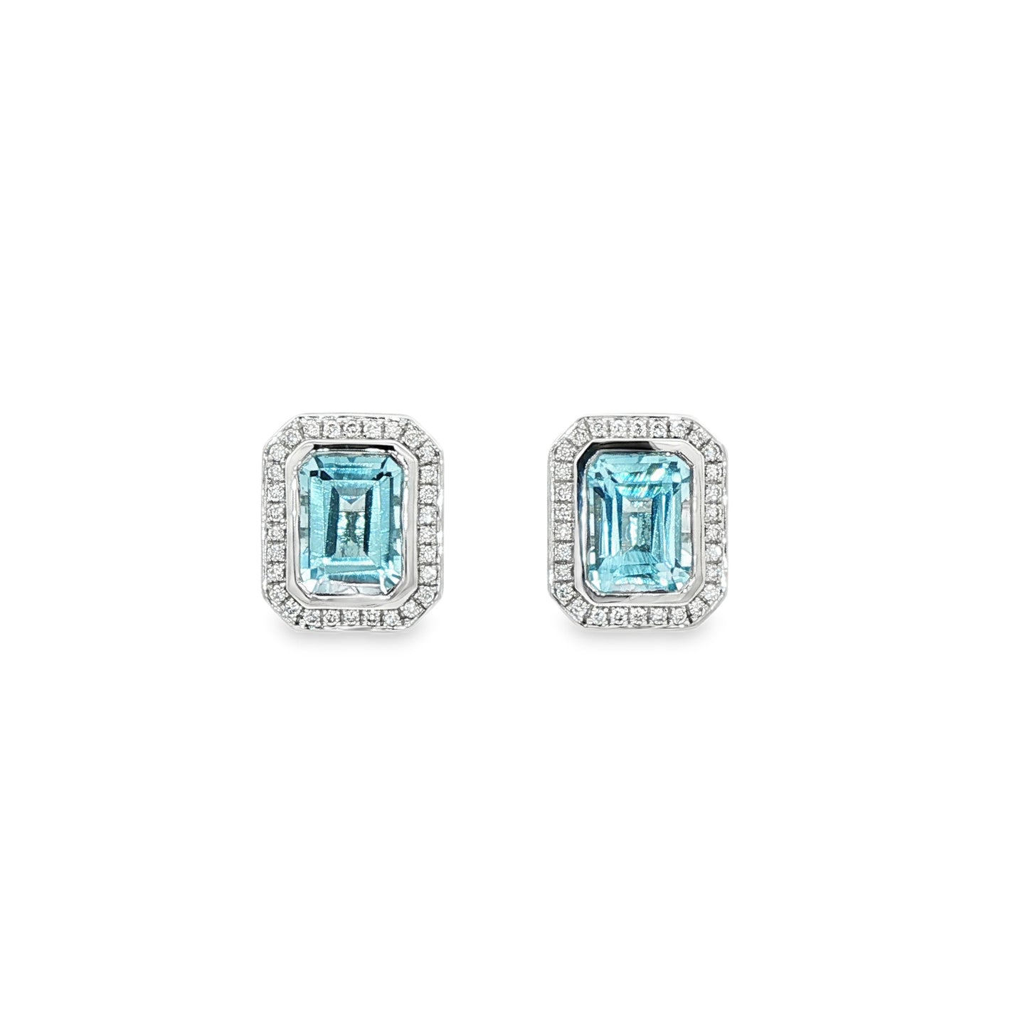 One Pair Of 9ct White Gold Blue Topaz and Diamond Halo Stud Earrings - T:3.87ct/D:0.24ct