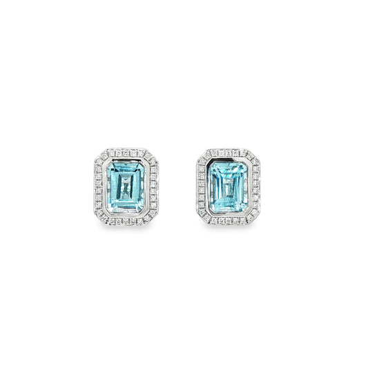 One Pair Of 9ct White Gold Blue Topaz and Diamond Halo Stud Earrings - T:3.87ct/D:0.24ct
