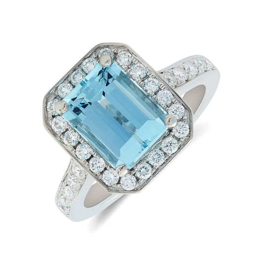 Platinum Octagonal Cut Aquamarine & Diamond Ring