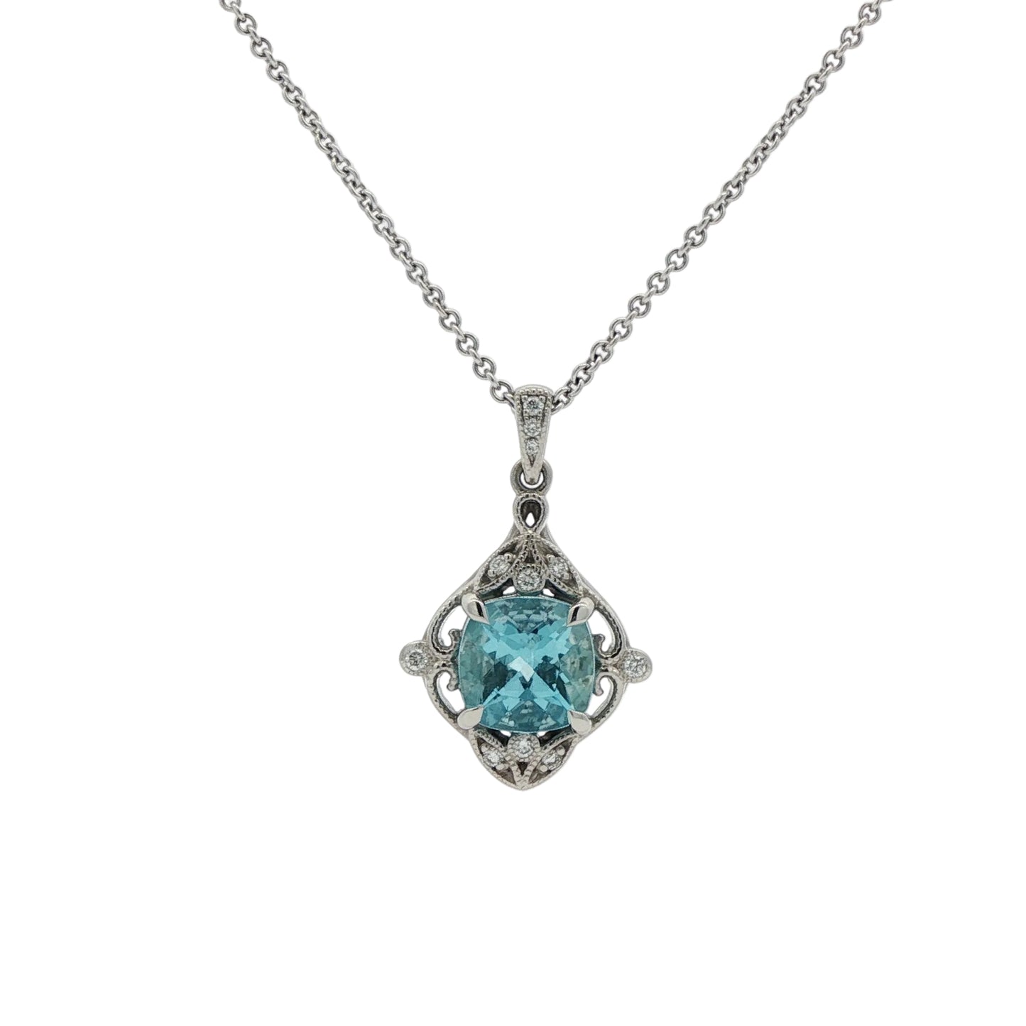 Bespoke: 18ct White Gold Cushion Cut Aquamarine & Brilliant Cut Diamond Pendant - A2.65ct/D0.15ct.