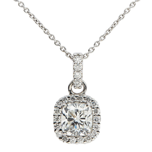Bespoke: Platinum cushion & brilliant cut diamond halo pendant - 1.22ct