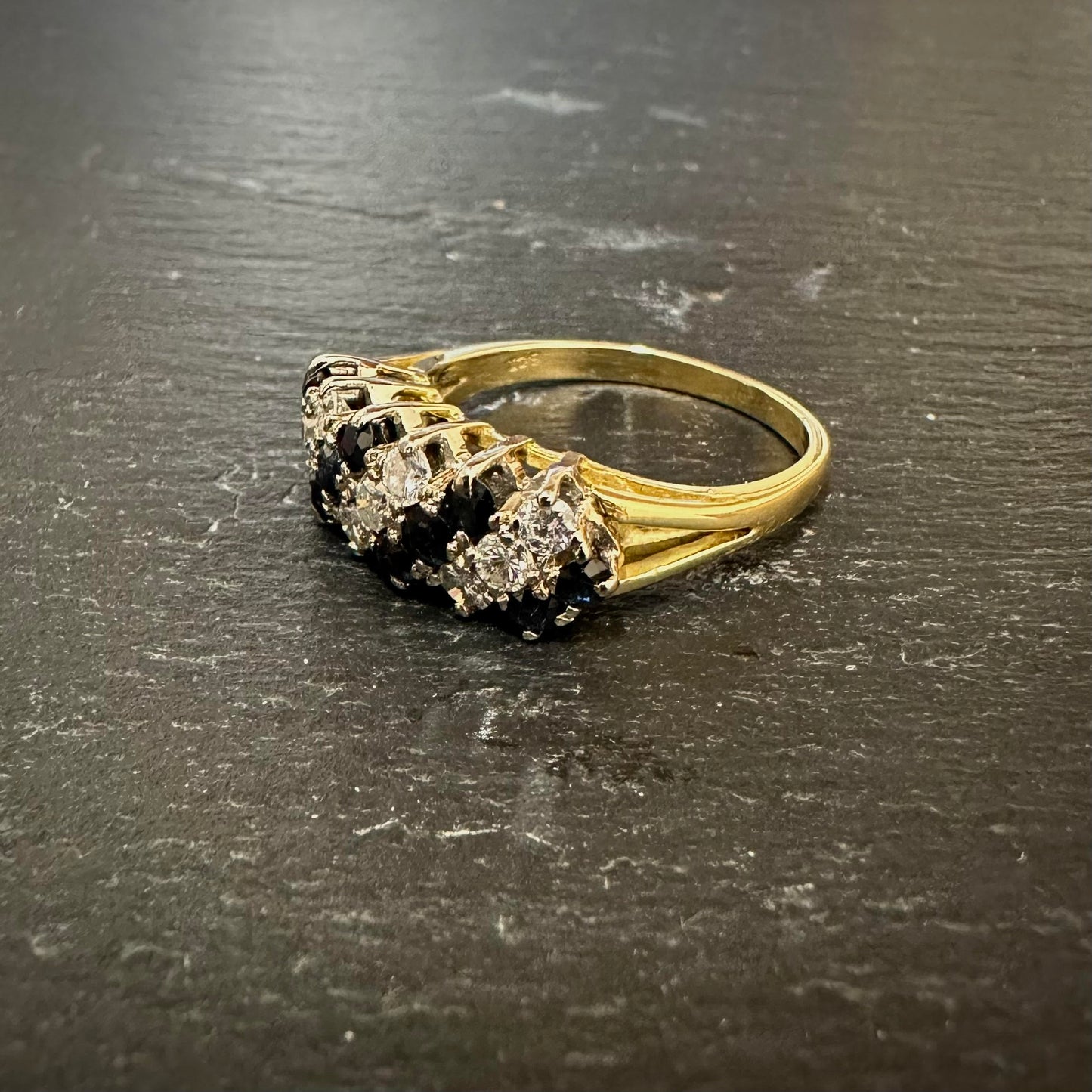 Pre-Owned: Precious yellow metal triple row alternating diamond & sapphire dress ring - 0.50ct