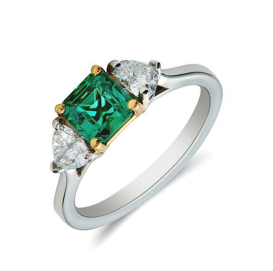 Platinum & 18 yellow gold diamond emerald three stone ring - 0.62ct.