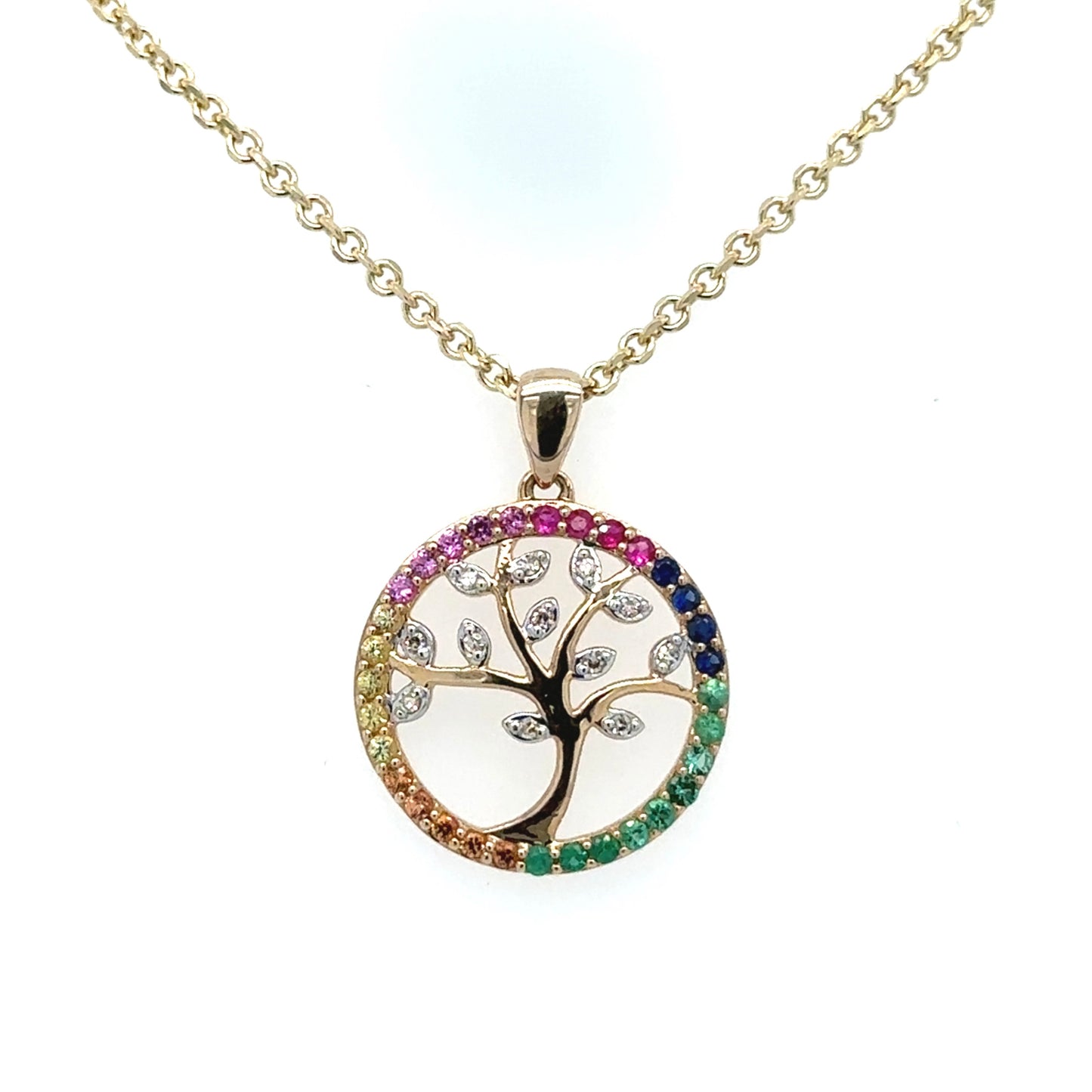 9ct yellow gold Tree of Life 'Rainbow' diamond, sapphire & emerald set pendant.