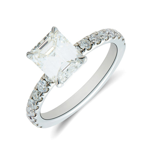 Bespoke platinum & emerald cut diamond solitaire with round brilliant cut diamond set shoulders - 2.27ct.