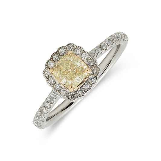 Platinum & 18ct yellow gold fancy yellow cushion & brilliant cut diamond halo ring - 1.17ct