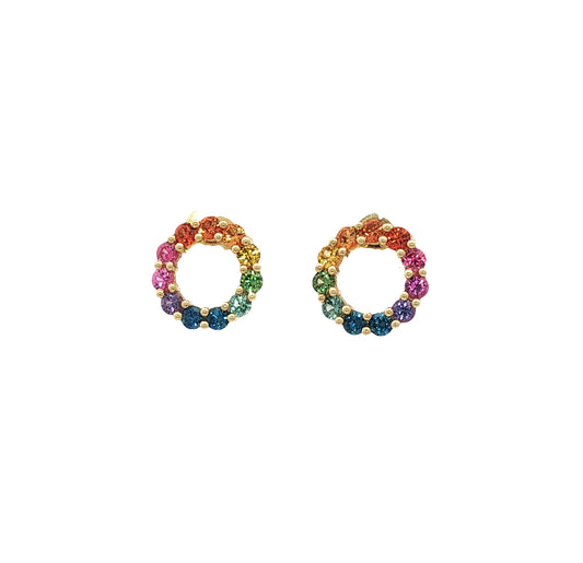 18ct yellow gold multi coloured sapphire circle stud earrings.