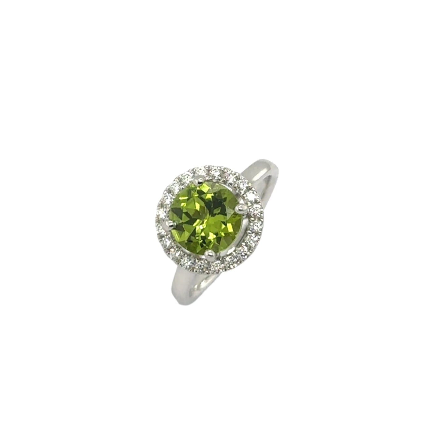 Platinum round faceted peridot and brilliant cut diamond halo ring - P 1.91ct / D 0.25ct