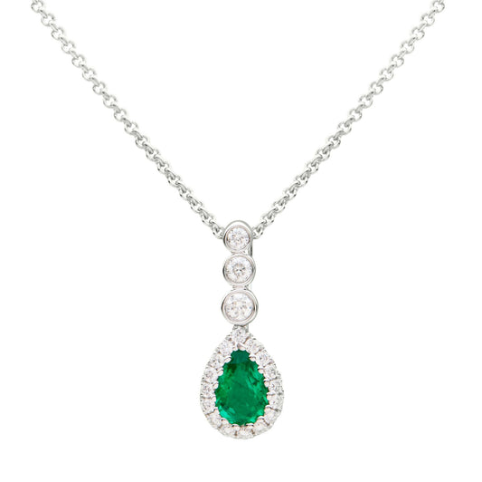 18ct white gold pear cut emerald & brilliant cut diamond drop pendant - 0.18ct