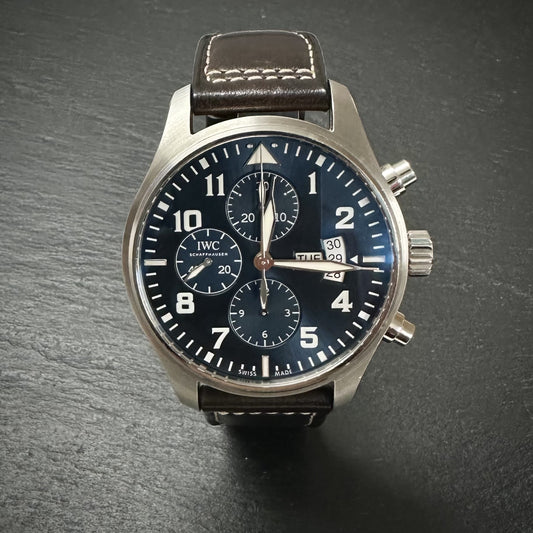 Pre-Owned: IWC 'Le Petit Prince' automatic chronograph leather strap watch.