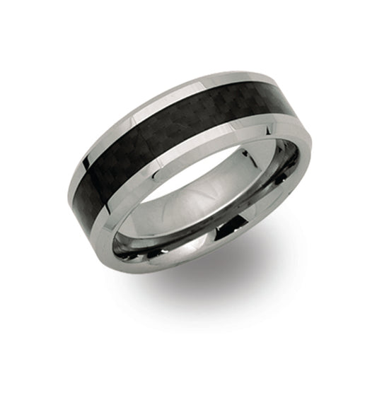 Tungsten carbide & carbon fibre 8.0mm chamfered edge wedding band - Polish finish