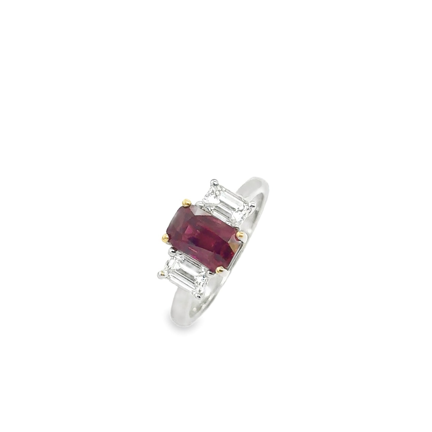 Platinum octagonal cut ruby and emerald cut diamond 3st ring - 0.40/2.43/0.41.