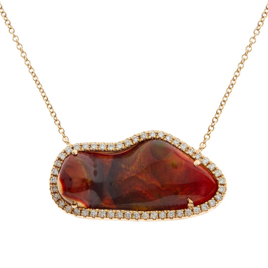 UNIQUE: One 18ct yellow gold Fire Agate and diamond pendant on fine trace link chain - 0.20ct
