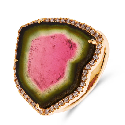 Unique Watermelon Tourmaline Ring with Brilliant Diamond Setting