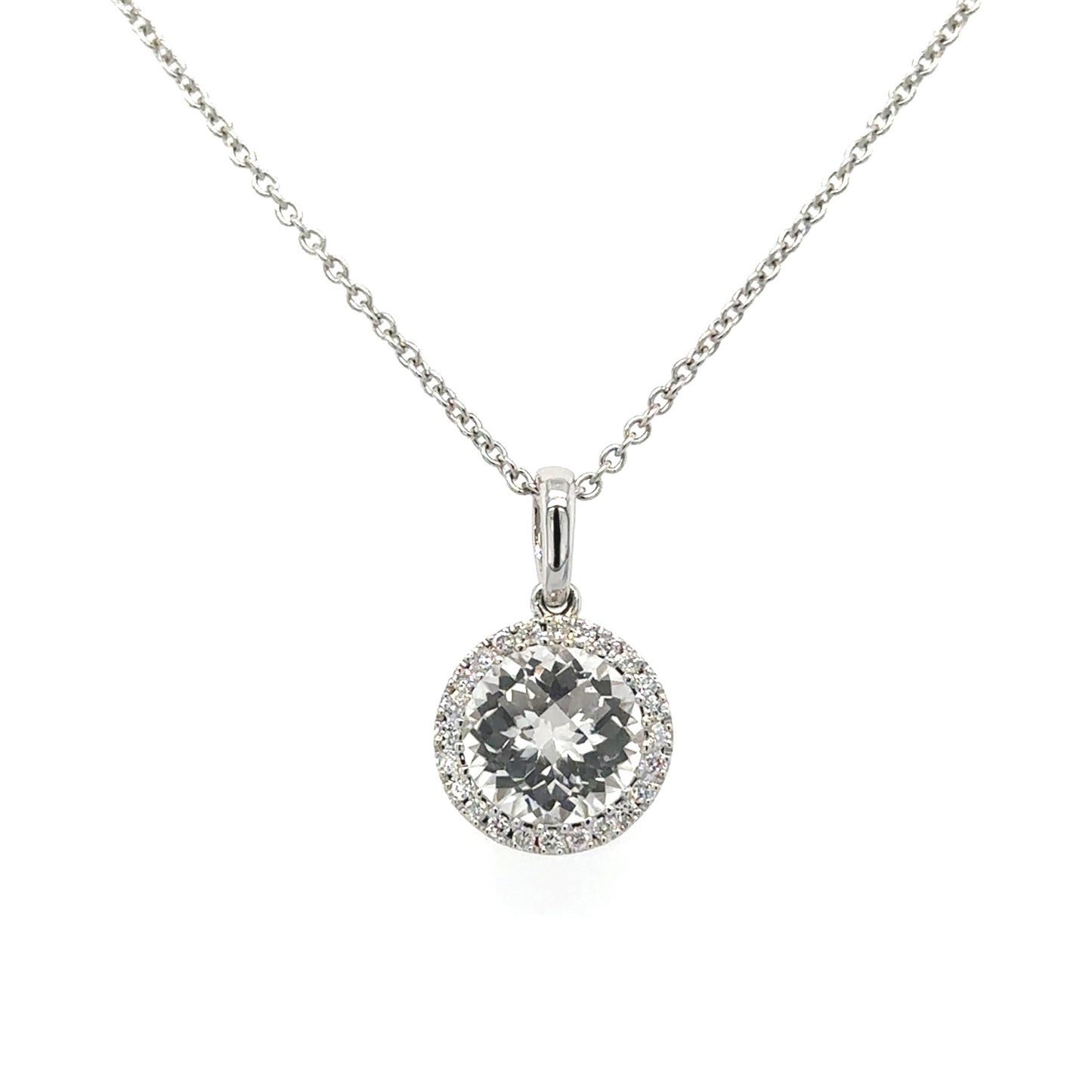 18ct white gold white topaz and diamond halo cluster pendant on fine trace chain.