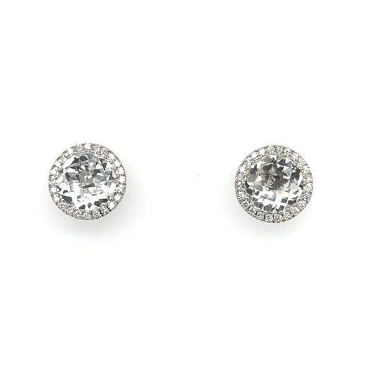 18ct white gold white topaz and diamond halo cluster stud earrings - WT 3.91ct / D0.24ct.