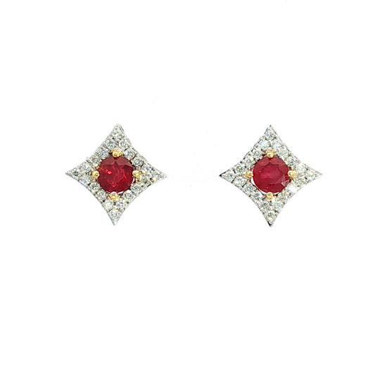 18ct White Gold Round Ruby & Brilliant Cut Diamond Stud Earrings Clusters - D:0.29ct/R:0.68ct.