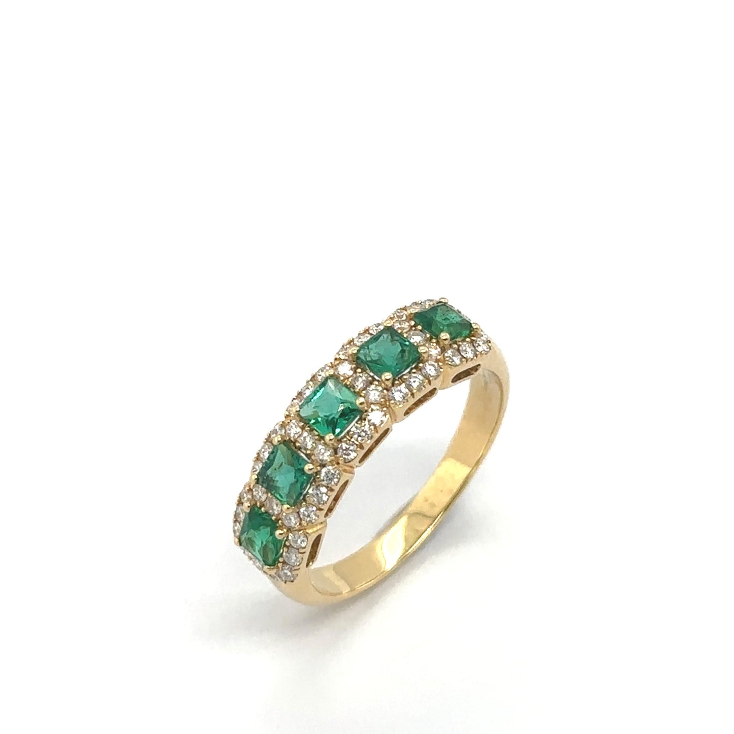 18ct yellow gold emerald and diamond halo eternity ring