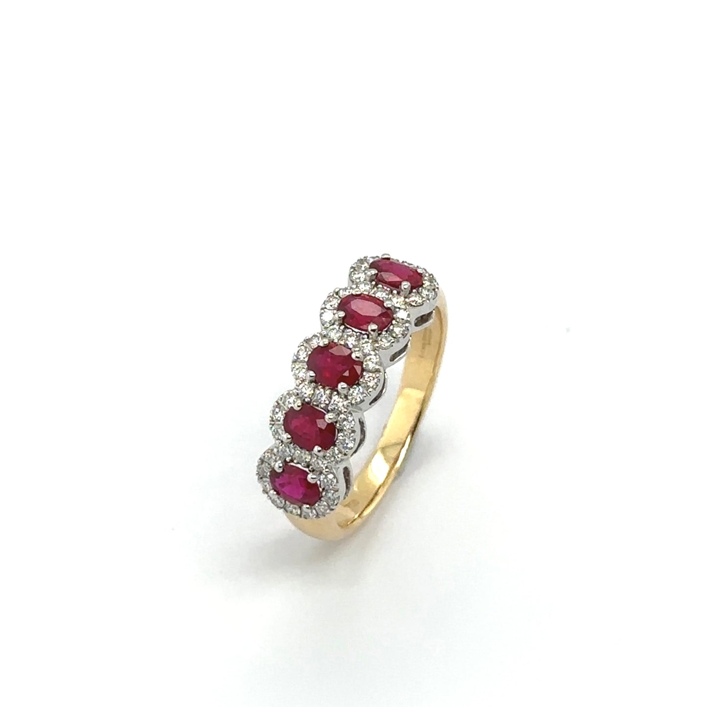 18ct yellow & white gold ruby and diamond halo eternity ring