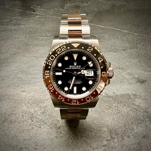 Pre Owned: Unworn stainless steel & precious rose metal Rolex Oyster 126711CHNR 'GMT-Master II' bracelet watch.