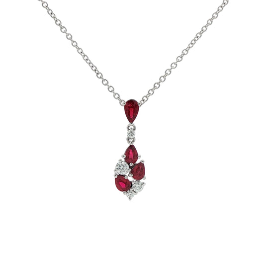 18ct White Gold Ruby & Diamond Pear Shape Cluster Pendant - R:0.84ct / D:0.20ct