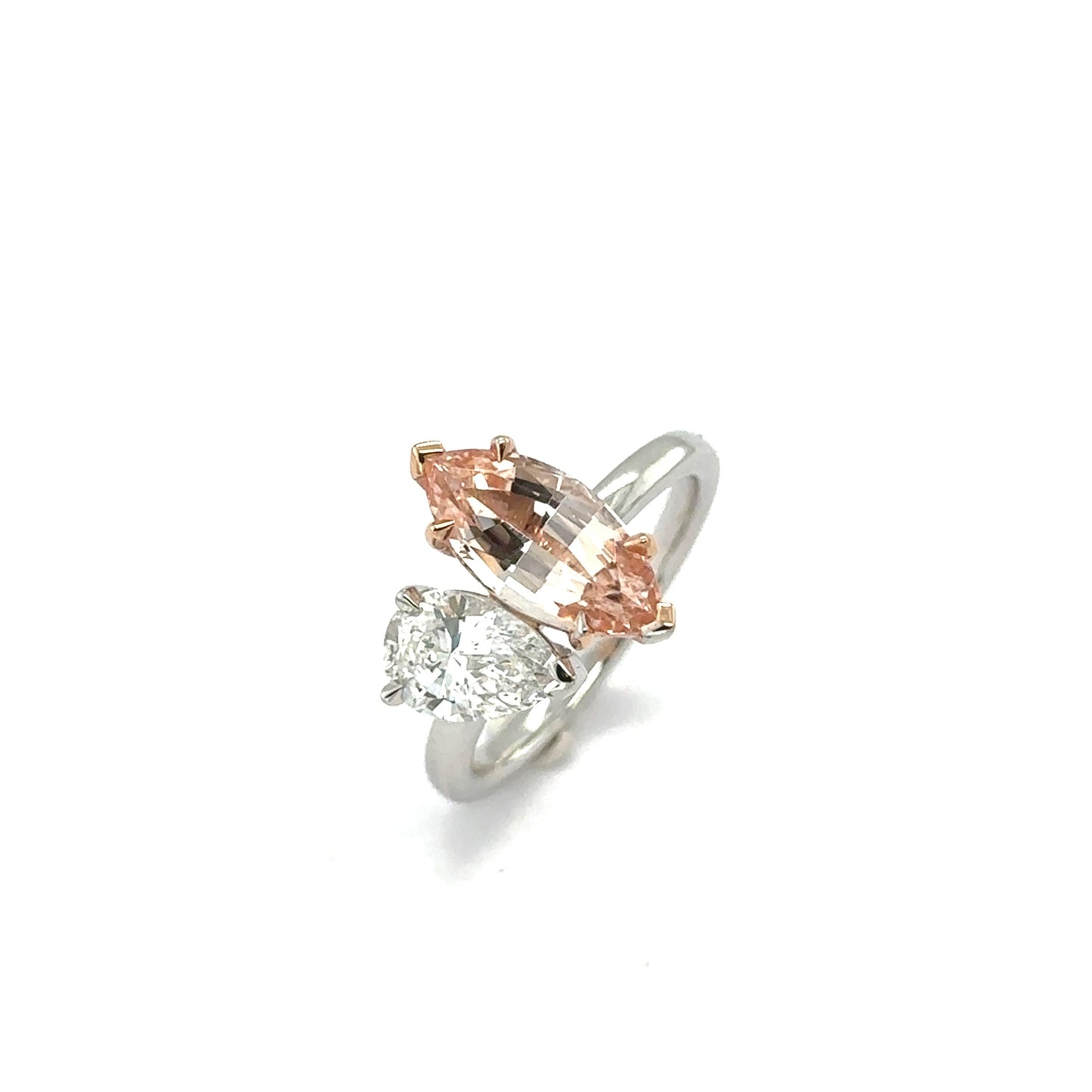 Bespoke: One Platinum & 18ct rose gold  morganite and LAB GROWN pear diamond 'Moi Et Toi' ring - M2.01ct / LG 1.02ct.