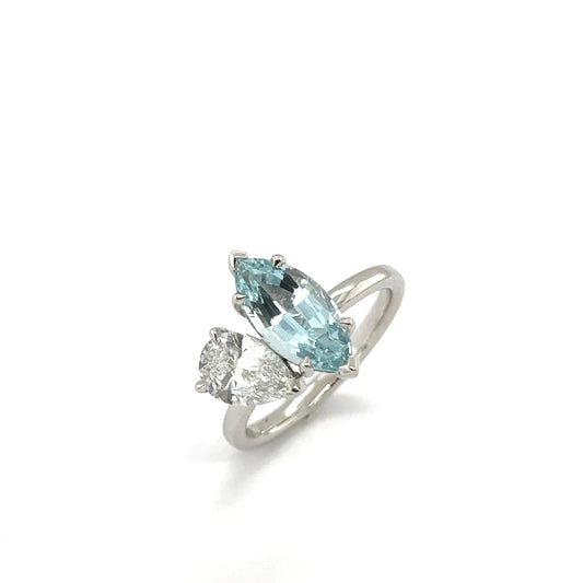 Bespoke: One platinum aquamarine and LG pear diamond 'Moi Et Toi' ring - A1.97ct / LG 1.00ct.