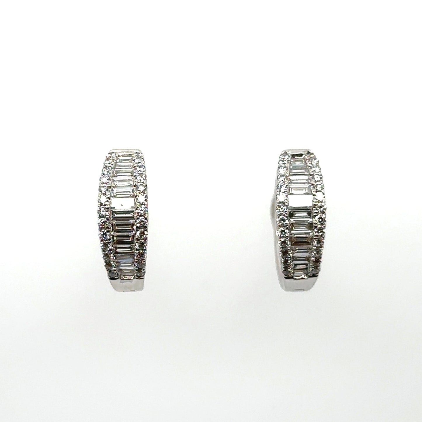 18ct white gold three row baguette & brilliant cut diamond  hoop earrings - 1.02ct