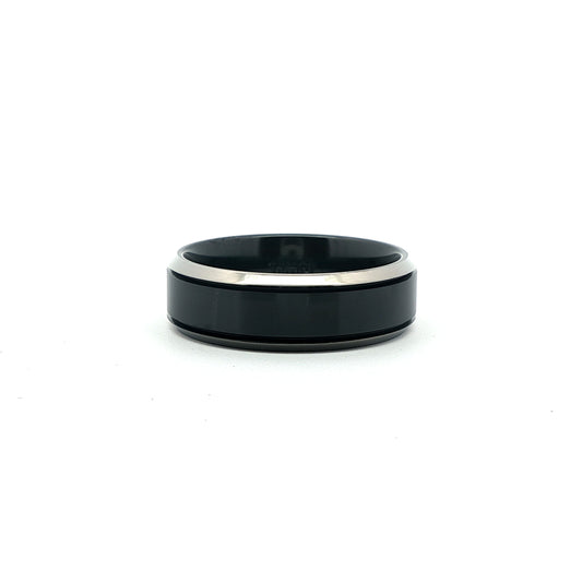 Black Zirconium Centre 7.0mm Ring With Bevelled Natural Zirconium Edges.