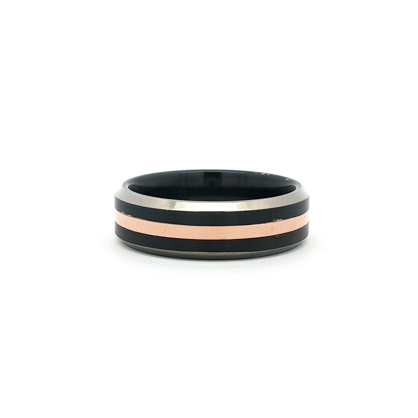 Black Zirconium Two-Tone & Precious Red Metal flat Striped Flat Chamfered 7.0mm Band.