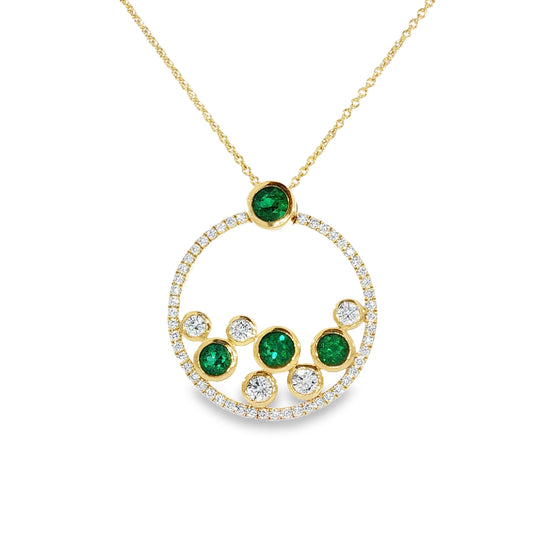18ct yellow gold emerald and diamond circular 'bubble' pendant on trace chain.