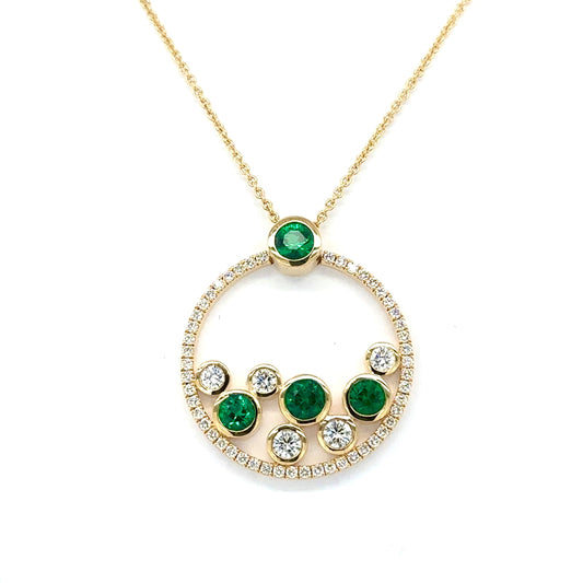 18ct yellow gold emerald and diamond circular 'bubble' pendant on trace chain.