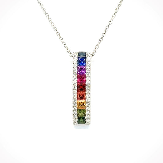 18ct whited gold 'rainbow' square sapphire and brilliant diamond bar slider pendant.