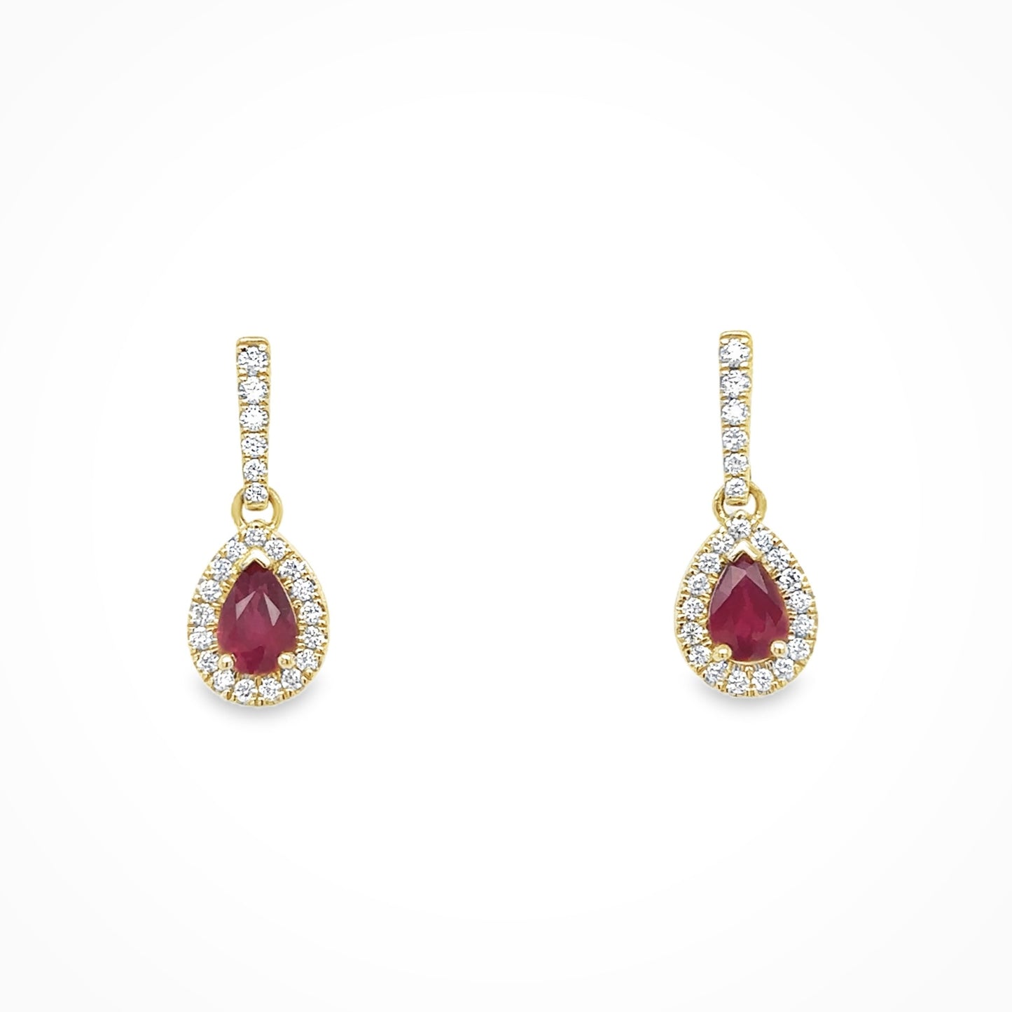 18ct yellow gold pear cut ruby and brilliant cut diamond drop earrings.