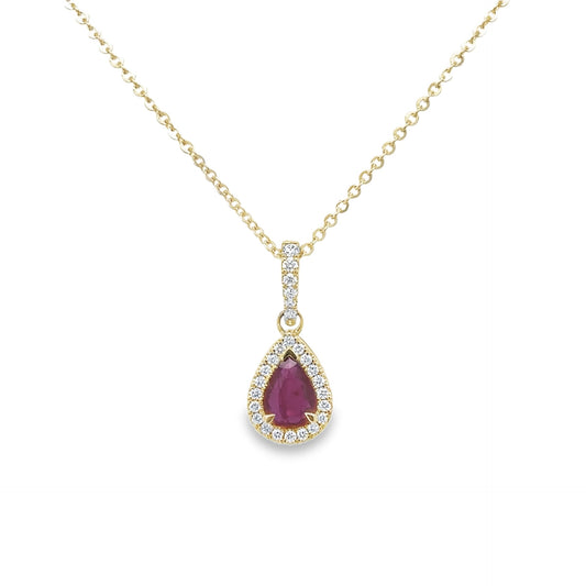 18ct yellow gold pear cut ruby and brilliant cut diamond drop pendant.