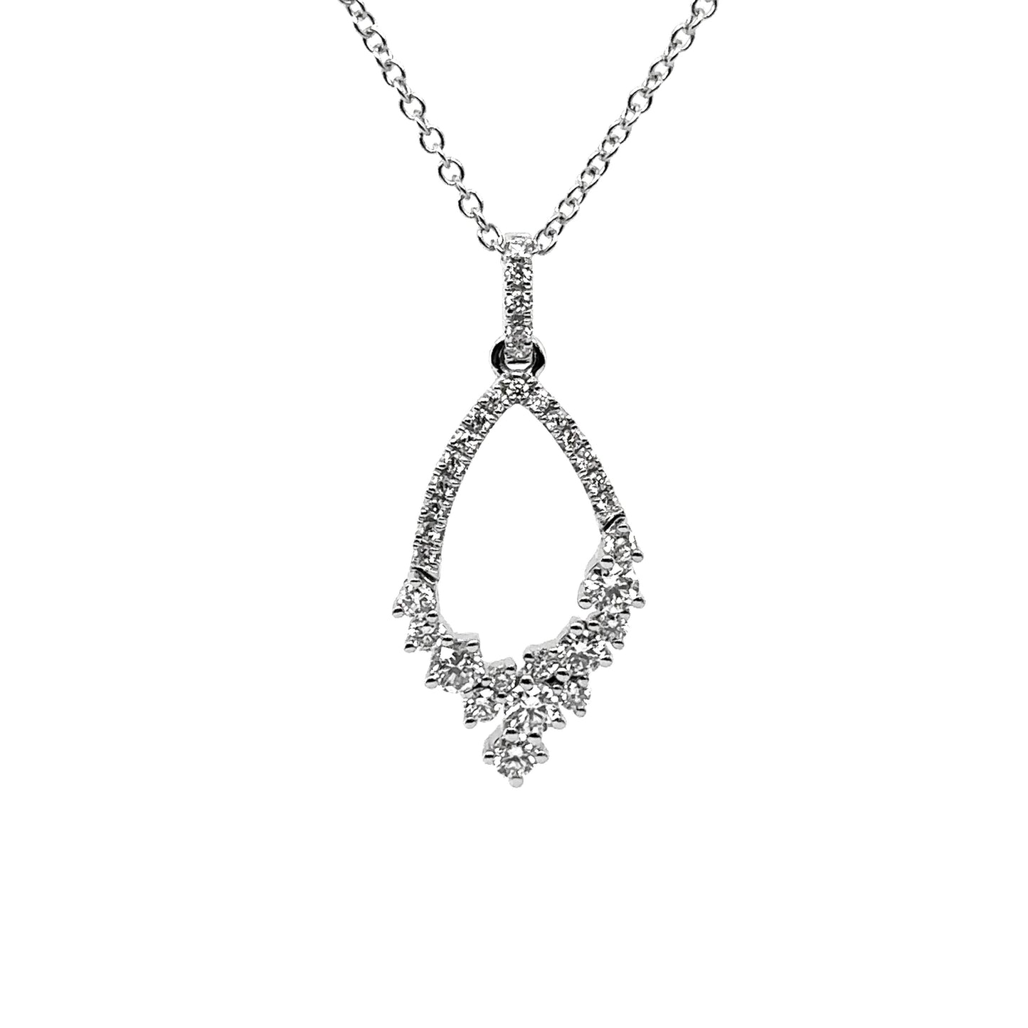 18ct white gold fancy open teardrop shaped brilliant cut diamond pendant on trace chain - 0.67ct.