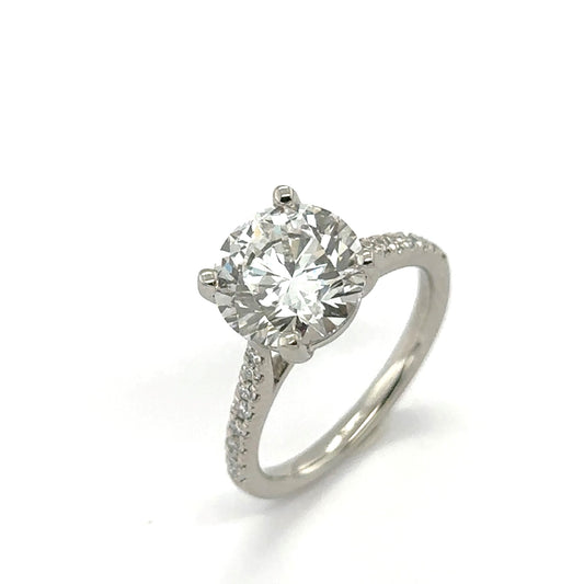 LAB GROWN: Platinum brilliant cut lab grown diamond solitaire ring with set micro-claw shoulders - LG 3.40ct / 0.18ct.