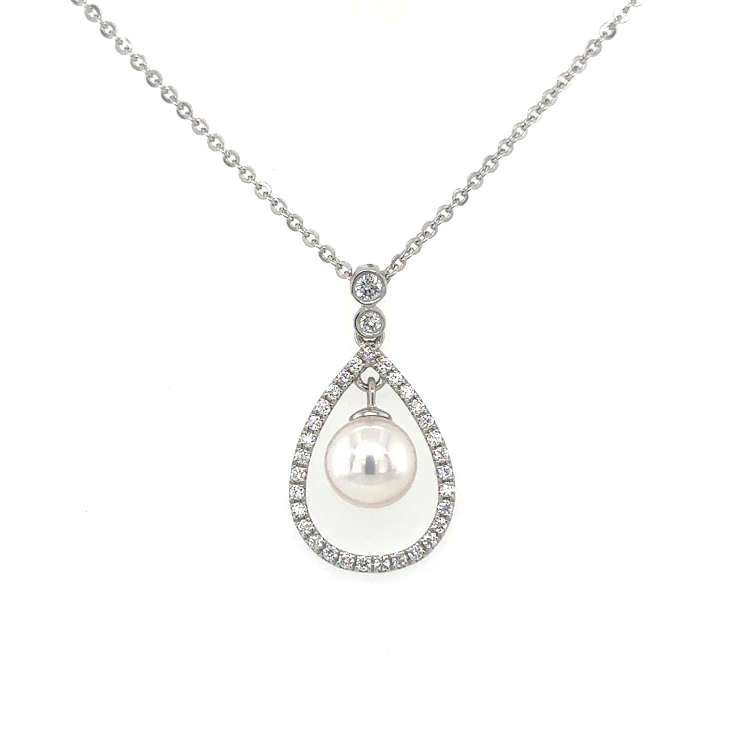 18ct white gold Cultured pearl and brilliant cut diamond pear shaped frame drop pendant - 0.22ct.