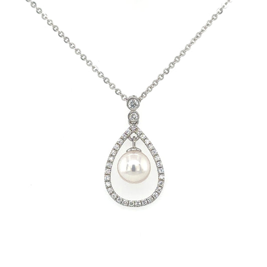 18ct white gold Cultured pearl and brilliant cut diamond pear shaped frame drop pendant - 0.22ct.