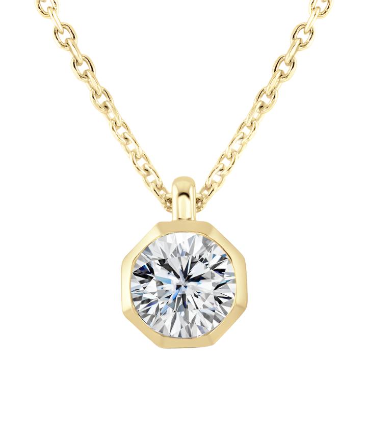 LAB GROWN: 9ct yellow gold lab grown round brilliant cut diamond in a octagonal rub over setting on fine chain - 0.15ct - 0.50ct