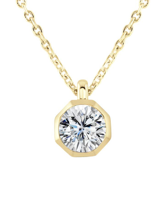 LAB GROWN: 9ct yellow gold lab grown round brilliant cut diamond in a octagonal rub over setting on fine chain - 0.15ct - 0.50ct