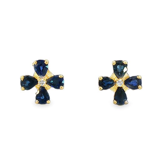 14ct Yellow Gold Sapphire & Diamond Cluster 'Clover' Earrings - S1.63ct/D:0.03ct