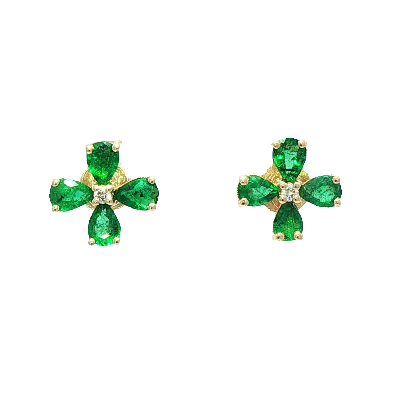 14ct Yellow Gold Emerald & Diamond Cluster Earrings - E1.13ct/D0.03ct.