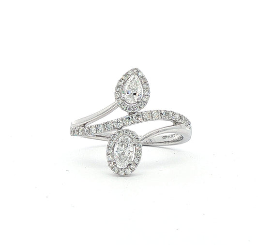 14ct White Gold Pear Halo Cluster & Oval Halo Cluster Crossover Design Dress Ring