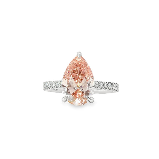 LAB GROWN: Platinum & Pear Shape Pink Diamond Ring With Diamond Set Shoulders- LG:3.09ct D:0.47ct